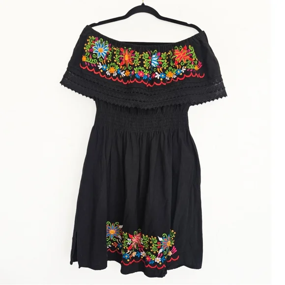 Vintage Dresses | Mexican Embroidered Multicolored Black Off The Shoulder Dress, L | Color: Black/Red | Size: L | Trulymichelle's Closet Vintage Dresses | Mexican Embroidered Multicolored Black Off The Shoulder Dress, L | Color: Black/Red | Size: L | Trulymichelle's Closet